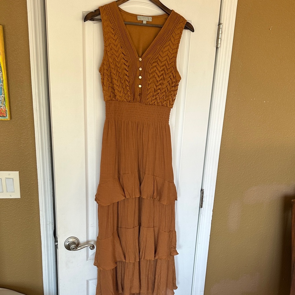 J Gee Elegant Sleeveless High Low Dress With Chevron Crochet in Warm Brown